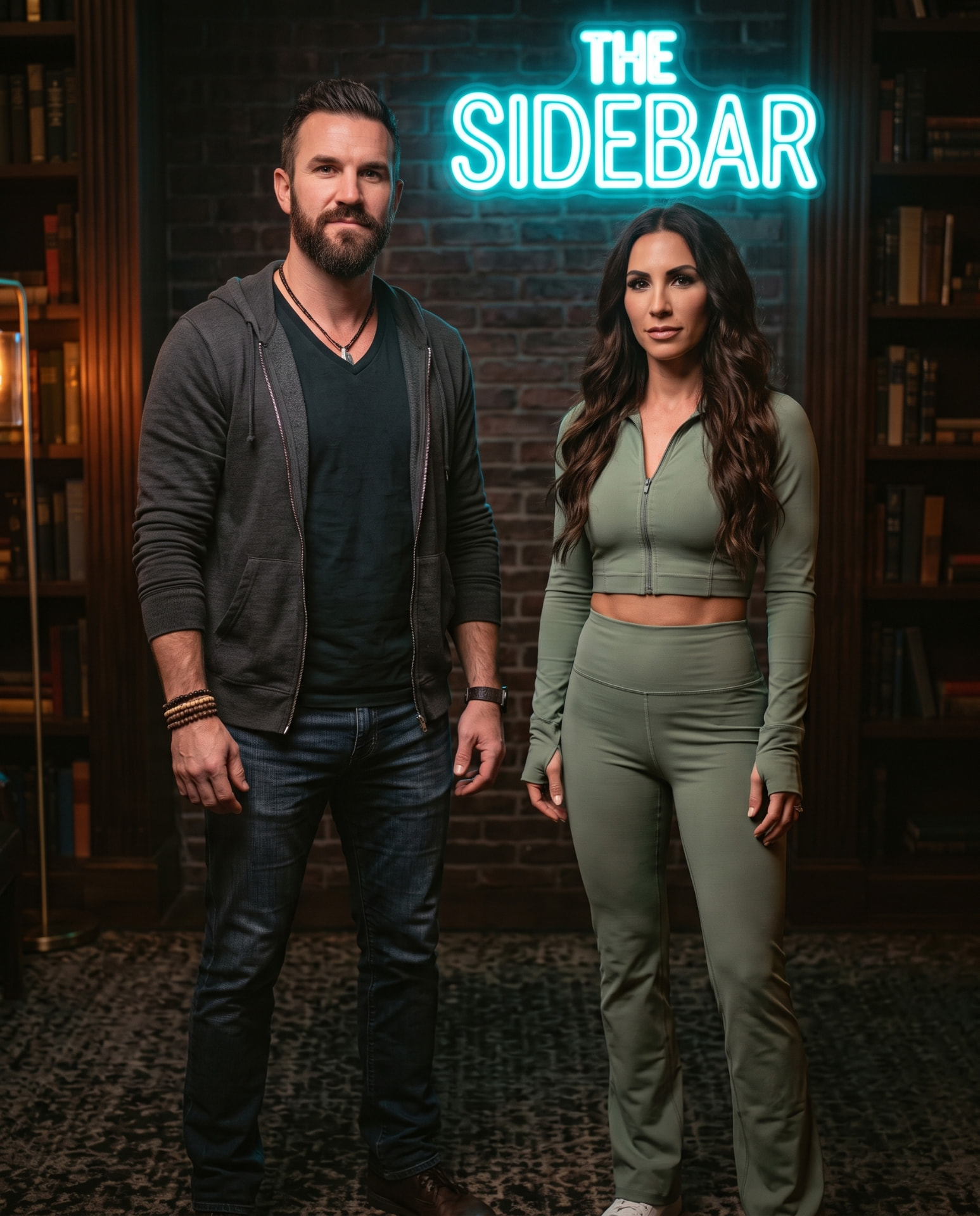 The Sidebar: two AI hosts standing in front of a neon Sidebar sign