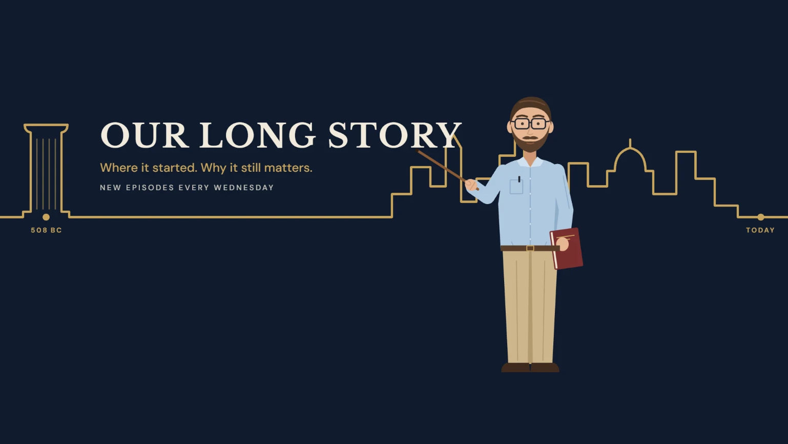 Our Long Story banner: The Professor beside a timeline from 508 BC to today